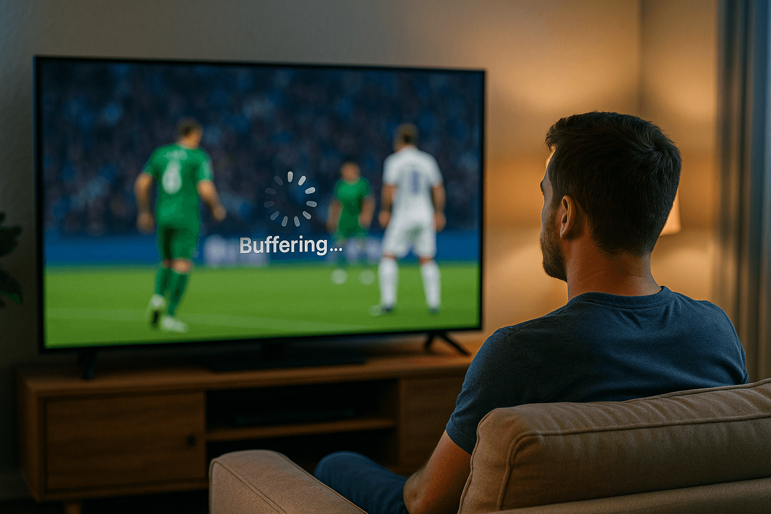 Fußballspiel mit Buffering-Symbol auf dem Fernseher, IPTV hängt.